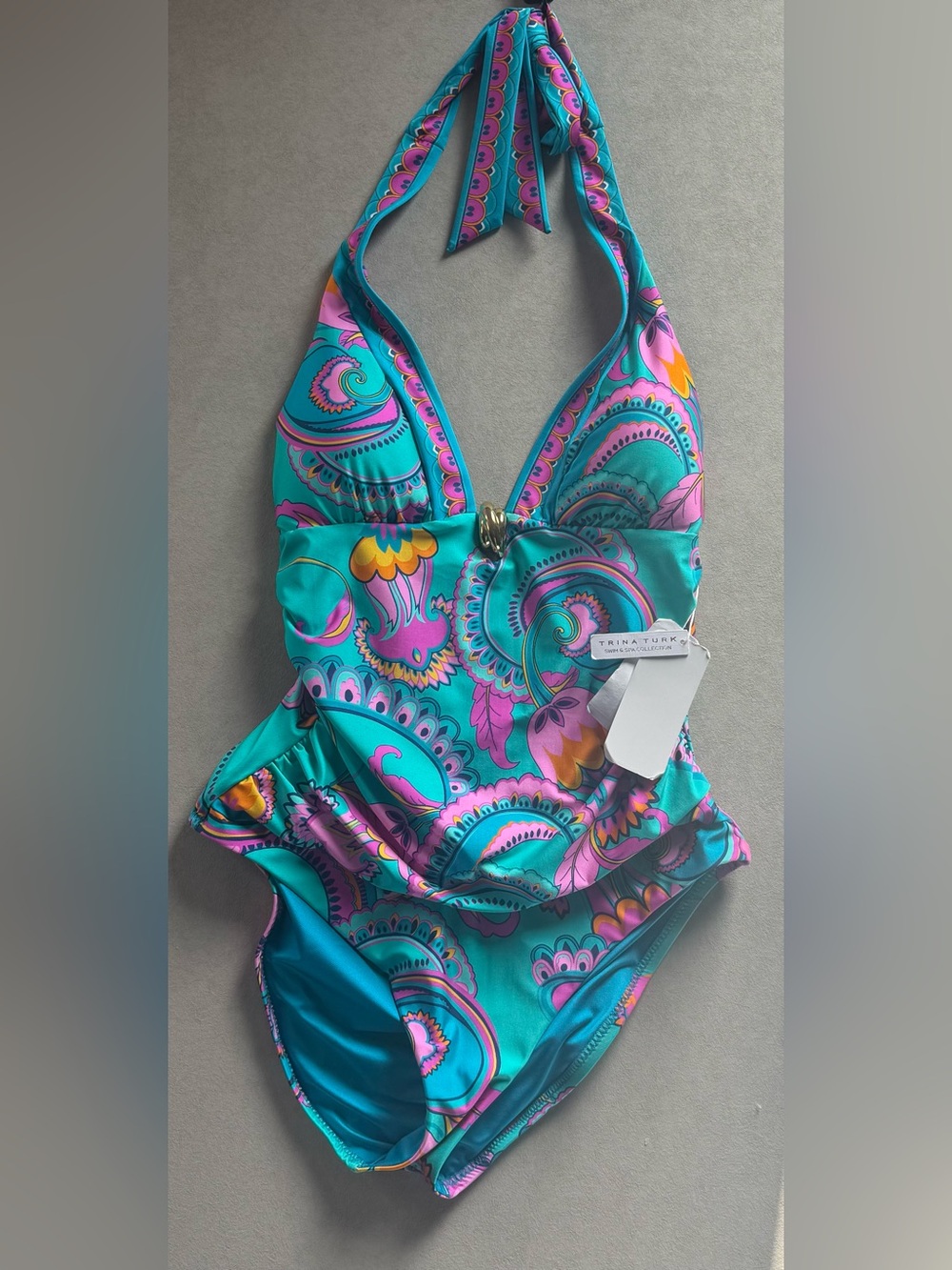 Trina Turk Teal & Pink Paisley Halter One-Piece Swimsuit NWT